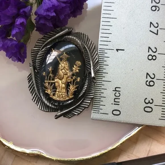 Vintage Gold Oriental Black Enamel Brooch Pin - Picture 4 of 7